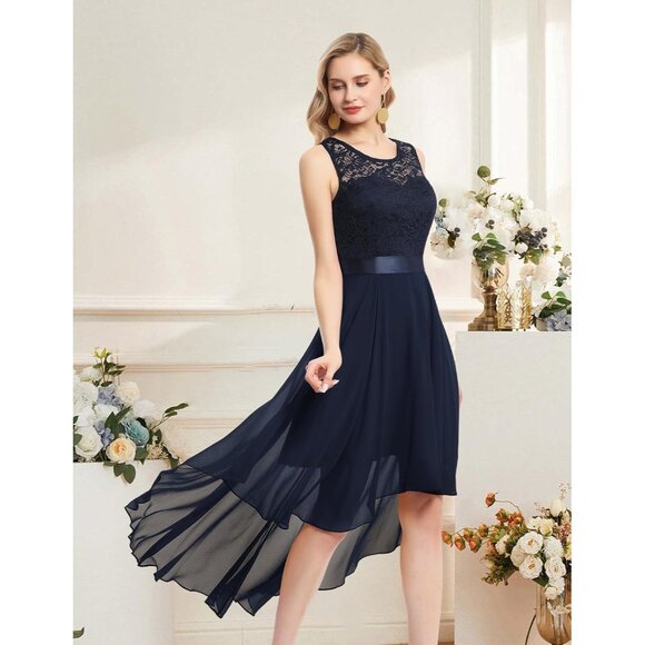 BeryLove Women Navy Sequin Chiffon Scoop Neck Sleeveless Lace Cocktail Dresses - Picture 2 of 7